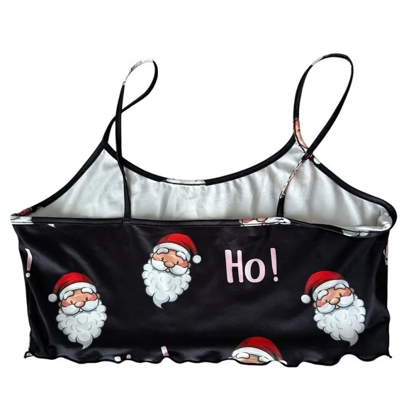 Women’s Christmas Santa Pajama Sleep Short Set Black Satin Size Large - Picture 3 of 6